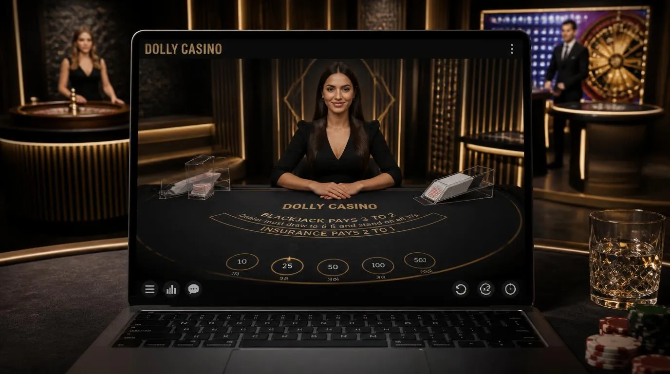 Studio kasyna na żywo z krupierem przy stole do blackjacka i ekranem transmisji ruletki